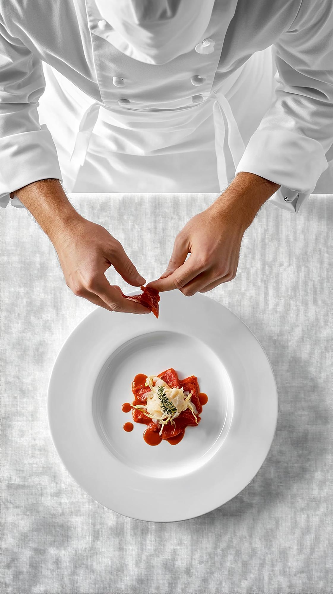 Chef prepara un piatto gourmet in cucina elegante